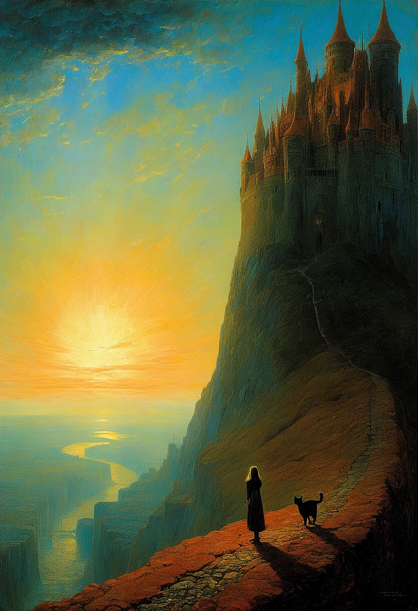 black cat, author：Zdzislaw Beksiński、Big Eye in the Sky、girl、Huge castle