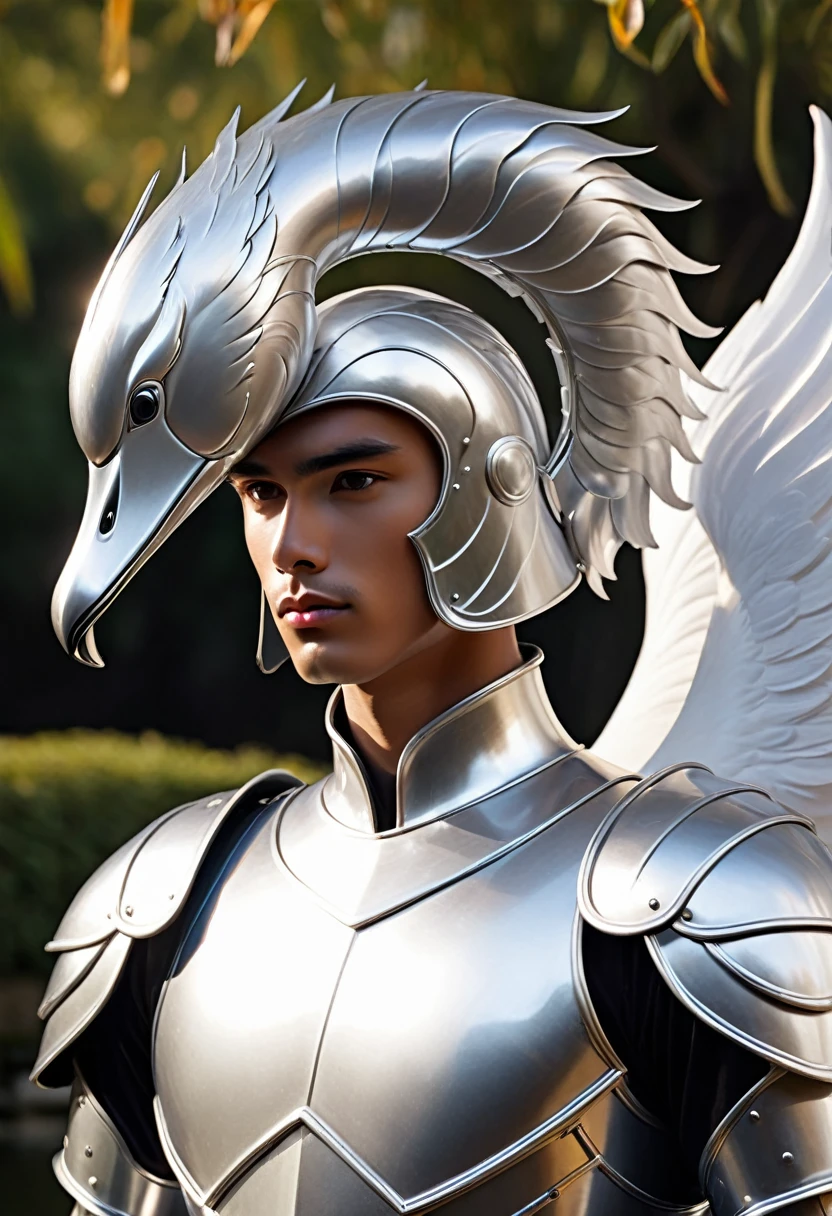 A young man in silver metallic armor, Cel animation style, A swan sculpture is designed into the head armor., I can see your real face, Armor in the shape of a swan&#39;s wing, Blond long hair man, Long Hair, Silver armor over blue clothes, Super beautiful image quality, Professional painter, Highest quality, 18-year-old, Saint Seiya, Saint Seiya,
