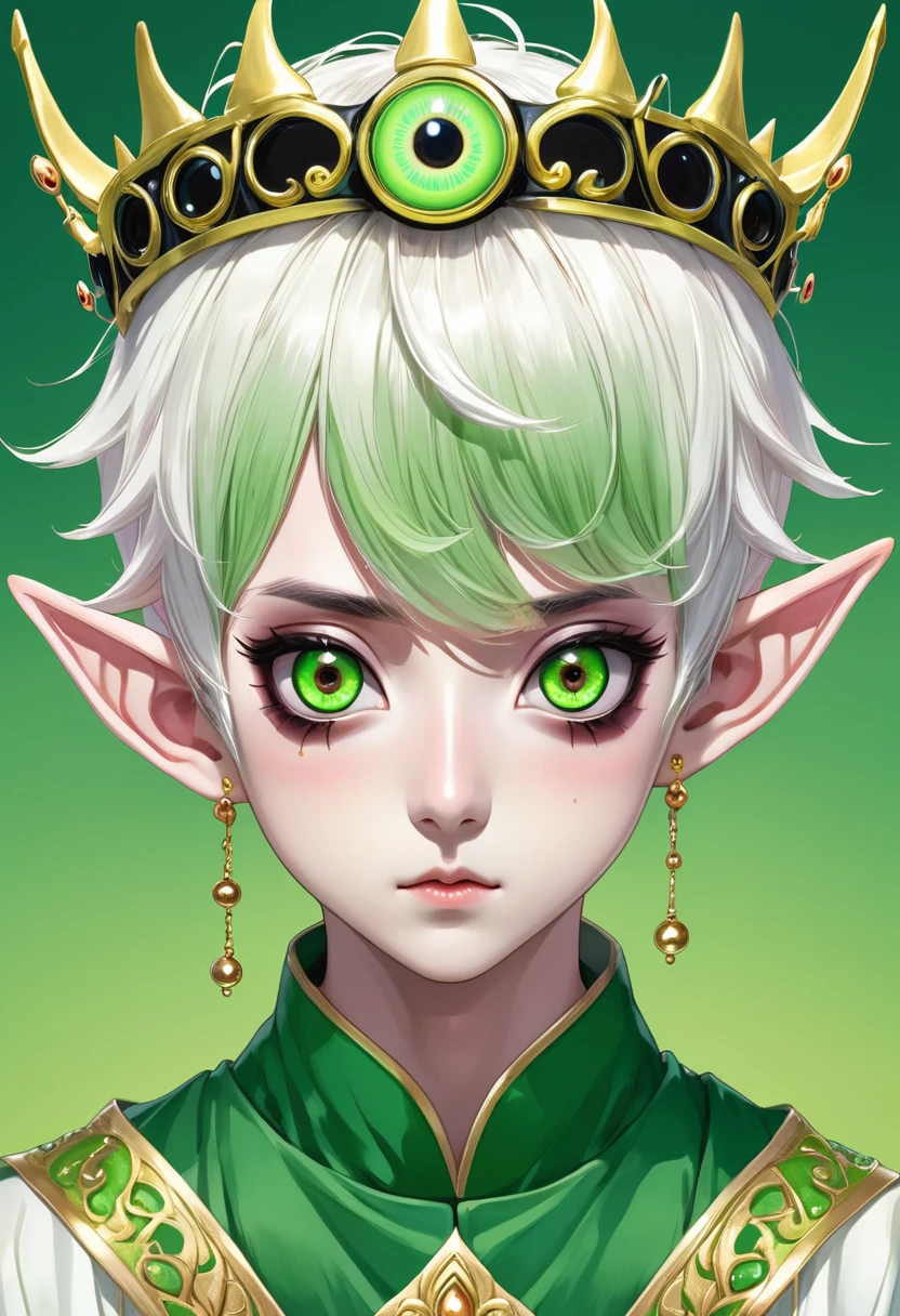 Japanese Anime，Second Dimension，Horror style，horror character，(((Three-eyed boy，独奏，third eye on the forehead，Dark eyeshadow，White short hair，Elf ears，Green Skin，Exaggerated golden crown-eyeball decoration))),(((Japanese clothing))).(((Thin waist，Green belt：1.6))).Pure pink background