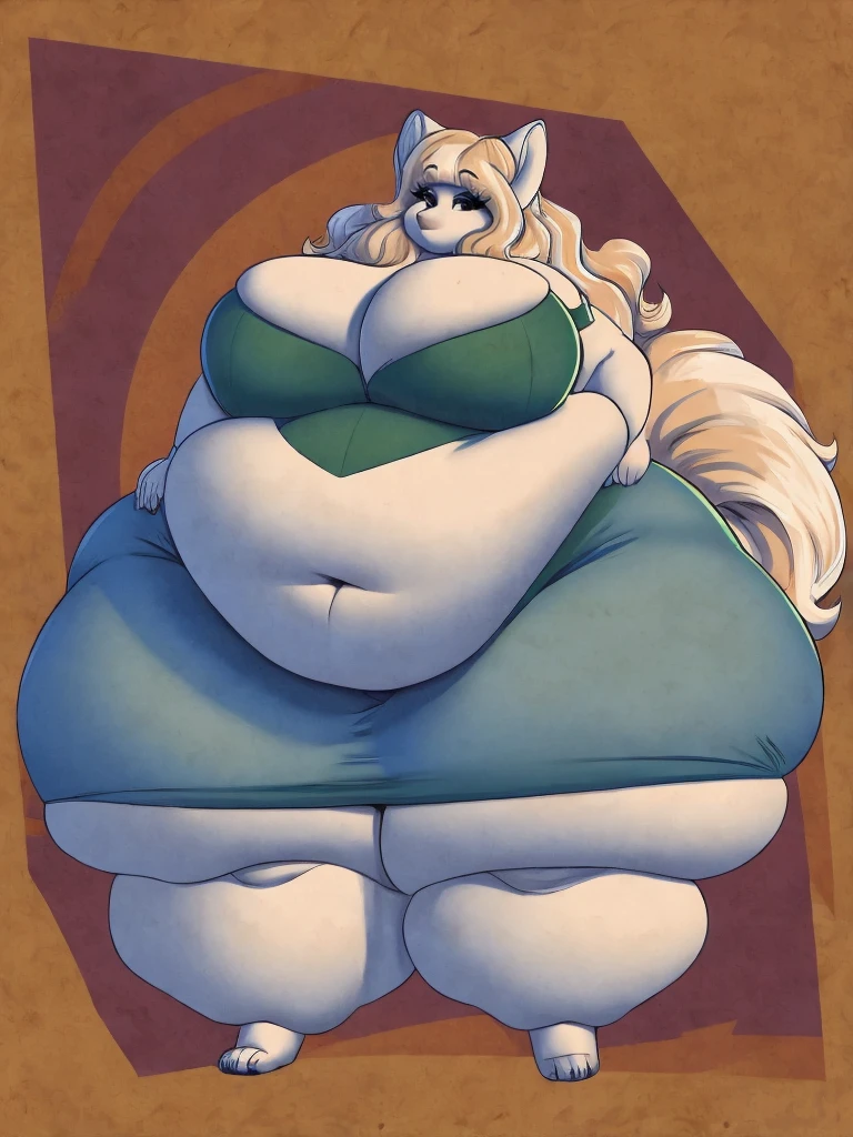 Arctic wolf, female, long hair, huge breasts, huge hips, huge thighs, plump, voluptuous, gorgeous, beautiful, eyelashes, cream hair, bushy hair,thick hair, morbidly obese, big bushy tail 