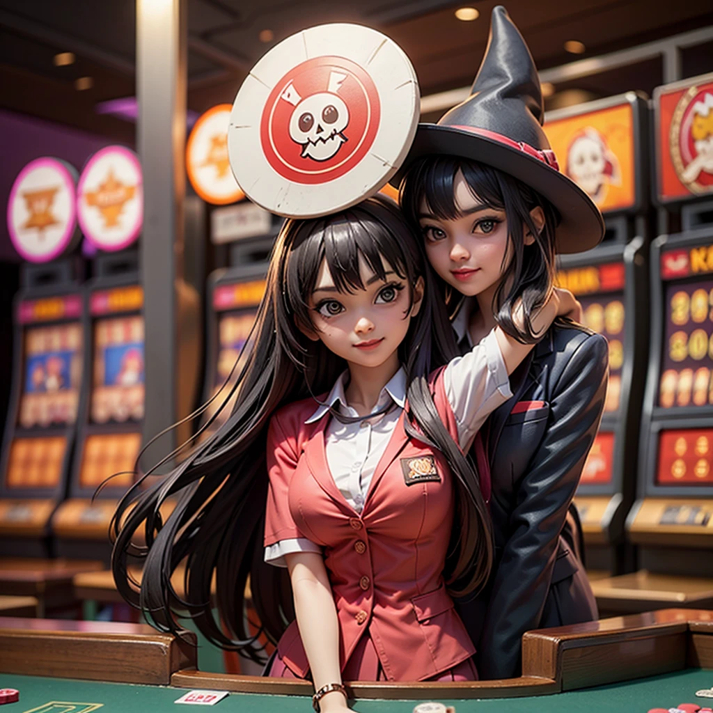 ((best quality)), ((masterpiece)), (detailed), happy and smile, {{indonesian girl}}, {wearing high school uniform}, teasing and waiting customer play, standing, playing in casino, red casino background, polite and kind, Sweet Face, roulette table, poker table, big slot machines right and left, win jackpot, {{no headwear, no hat}}, private casino, crowded gambling area in background, so crowded, so many people, las vegas, american, illusions, halloween casino, dont wear hat, no headwear, no hat, together with thailand and vietnam girl,
