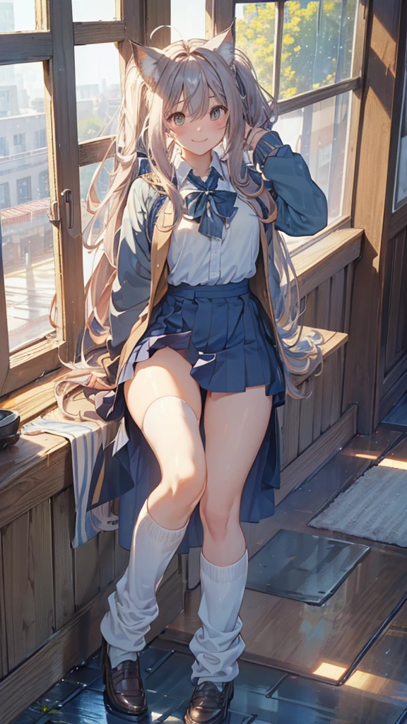 (NSFW), Masterpiece, Highest Quality, Official Art, (Highly Detailed CG Unity 8k Wallpaper), Detailed Background, (The Hands of Guido Daniele: 1.1),cowboy shot, 1, An Attractive and Perfect Beautiful Woman, Female Student, JK, Female Student Uniform, Wet Day, Lots of Rain, The Wind is Strong, (Curvaceous), (White Thighs: 1.12), (blue Long Hair: 1.5), (Ahoge: 1.13), (low twin tail hair: 1.12),cat ear, light smile ,panty shot,