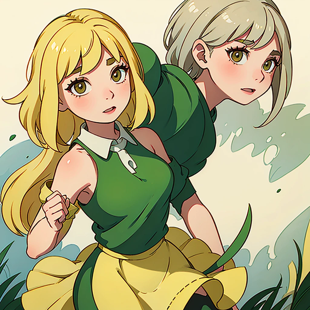 A girl with yellow skin, a green dress, no nose and ears and light blonde hair.