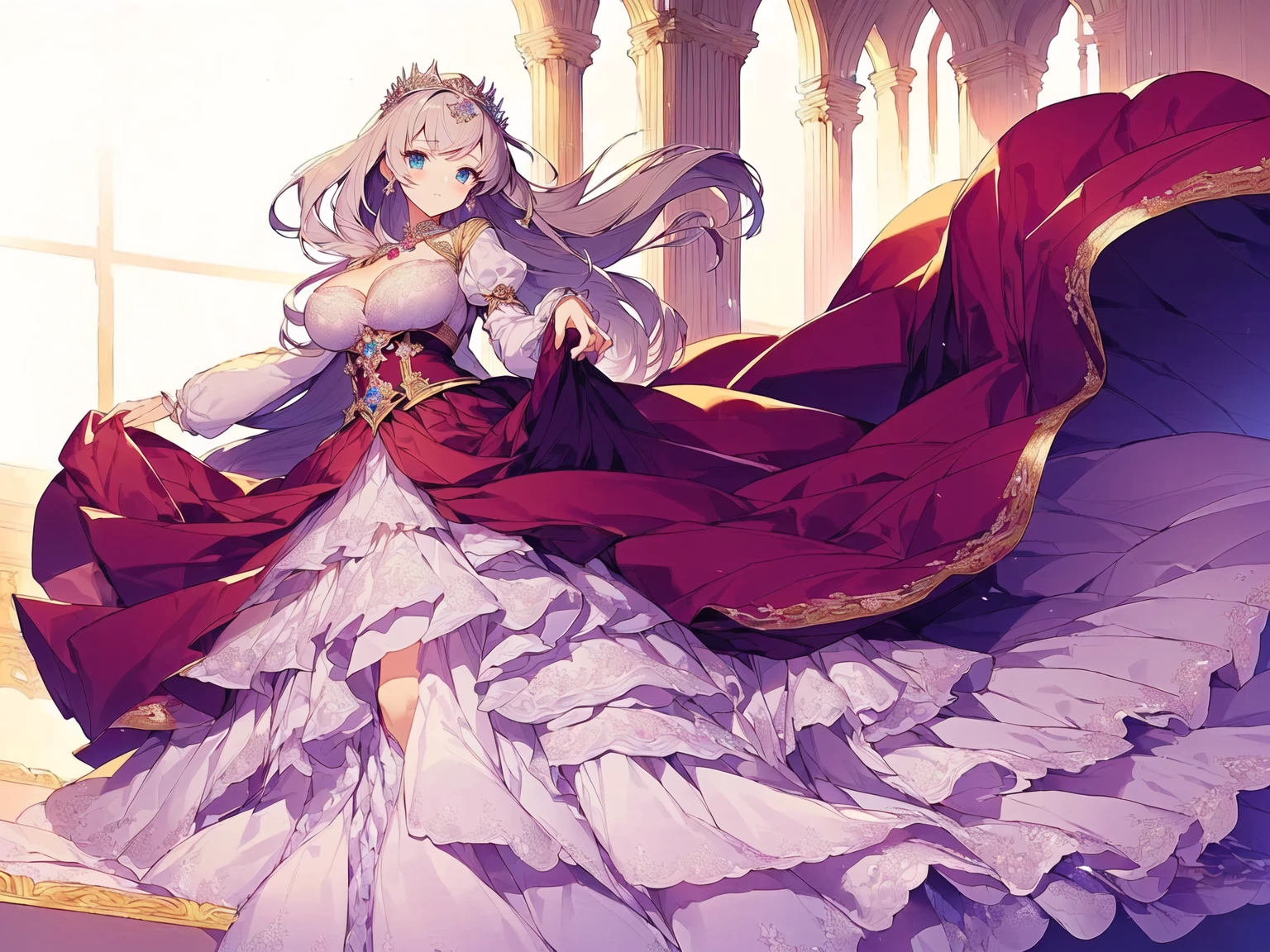 ((Anime cute art style)),(((digital))),Noble atmosphere,(masterpiece), (best quality), (Super detailed),illustration,(Very delicate and beautiful),Dynamic angle,looking at the audience,(((solitary))),((whole body)),(((1 Gorgeous and noble princess in wide skirt))),jewel eye,(Very long hair),Gorgeous embroidery and lace,transparent,gorgeous ruffles,(Huge breasts,Long Breasts),(Gorgeous ball gown with loose skirt),