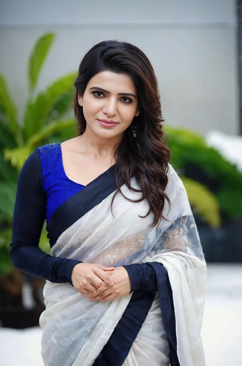 Samantha ruth prabhu,Create a photorealistic image of a middle-class Indian woman standing in a modest living room, wearing a traditional saree with her open pallu dropped (the loose end of the saree dropped) casually over one shoulder. (Expsoing cleavage and navel),The woman should exude a sense of grace and simplicity, with her hair neatly tied in a bun adorned with fresh jasmine flowers. Her expression should be serene yet confident, as she goes about her daily routine with quiet dignity. The room should be furnished modestly, with simple wooden furniture and decorative touches that reflect the warmth and homeliness of a typical middle-class Indian household