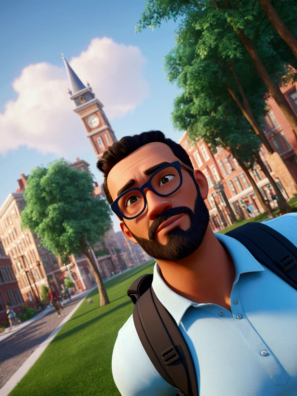 Cartoon character of a man in black glasses and blue shirt, an animated character, stylized character, animation style rendering, 3d stylized, Arnold Maya rendering, Stylized 3D rendering, toon render screenshot, 3d character, 3d character, Stylized 3D rendering, 3D character rendering, cartoon character, Personagem de close up, character posing, (Pixar-style) (master part:1.2) (bokeh) (best qualityer) (skin detailed) (detailed texture) (8k) (Argilla) (cinematic lighting) (sharp focus，Sits and lifts the upper part of his body Young brown man with a beard and mustache, with white t-shirt and backpack walking after class