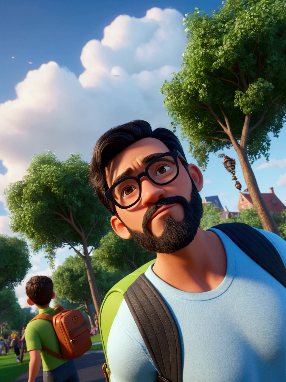 Cartoon character of a man in black glasses and blue shirt, an animated character, stylized character, animation style rendering, 3d stylized, Arnold Maya rendering, Stylized 3D rendering, toon render screenshot, 3d character, 3d character, Stylized 3D rendering, 3D character rendering, cartoon character, Personagem de close up, character posing, (Pixar-style) (master part:1.2) (bokeh) (best qualityer) (skin detailed) (detailed texture) (8k) (Argilla) (cinematic lighting) (sharp focus,Sits and lifts the upper part of his body Young brown man with a beard and mustache, with white t-shirt and backpack walking after class