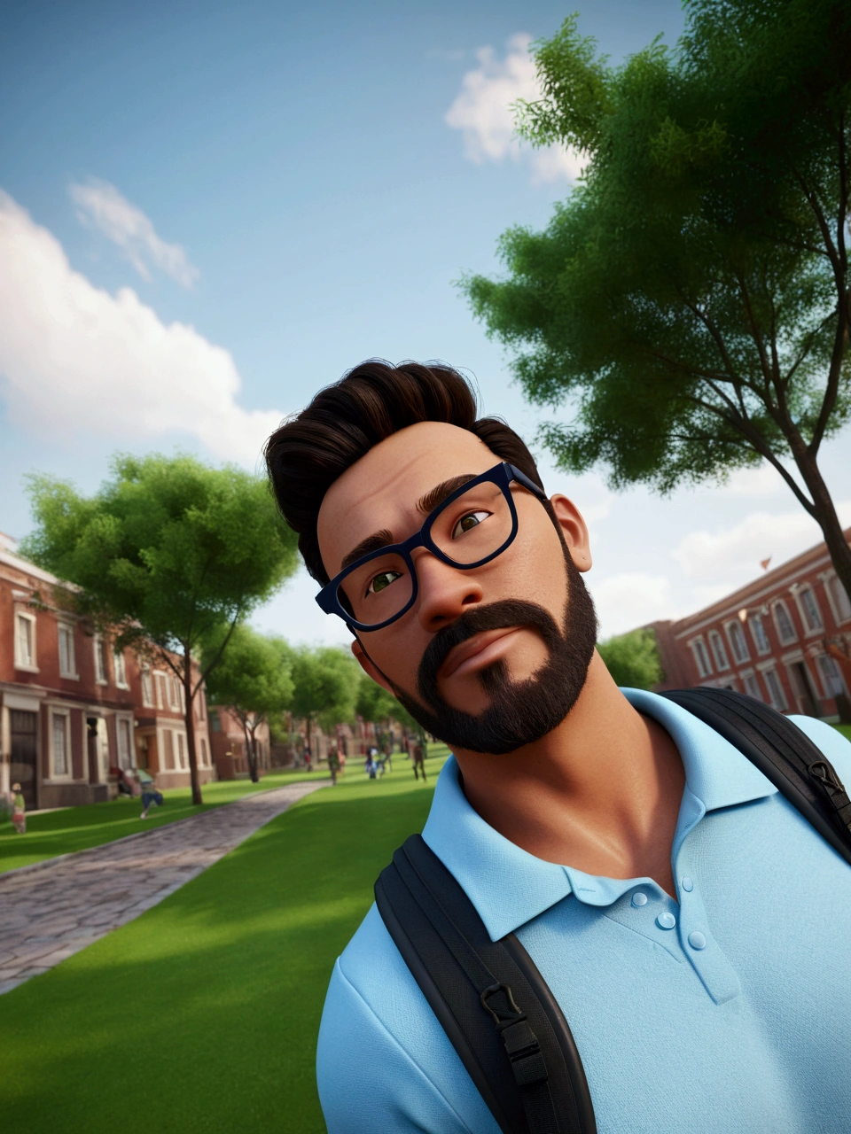 Cartoon character of a man in black glasses and blue shirt, an animated character, stylized character, animation style rendering, 3d stylized, Arnold Maya rendering, Stylized 3D rendering, toon render screenshot, 3d character, 3d character, Stylized 3D rendering, 3D character rendering, cartoon character, Personagem de close up, character posing, (Pixar-style) (master part:1.2) (bokeh) (best qualityer) (skin detailed) (detailed texture) (8k) (Argilla) (cinematic lighting) (sharp focus,Sits and lifts the upper part of his body Young brown man with a beard and mustache, with white t-shirt and backpack walking after class