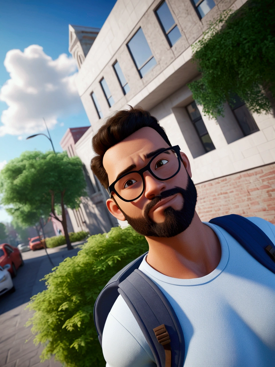 Cartoon character of a man in black glasses and blue shirt, an animated character, stylized character, animation style rendering, 3d stylized, Arnold Maya rendering, Stylized 3D rendering, toon render screenshot, 3d character, 3d character, Stylized 3D rendering, 3D character rendering, cartoon character, Personagem de close up, character posing, (Pixar-style) (master part:1.2) (bokeh) (best qualityer) (skin detailed) (detailed texture) (8k) (Argilla) (cinematic lighting) (sharp focus,Sits and lifts the upper part of his body Young brown man with a beard and mustache, with white t-shirt and backpack walking after class