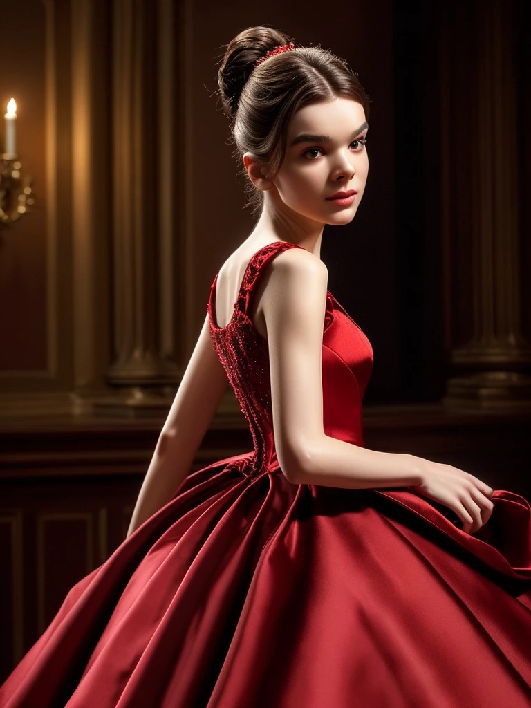real, atmospheric scene, masterpiece, best quality, (detailed face, detail skin texture, ultra-detailed body) short small beautiful ha1leest-smf red silk ball gown, hair up hairstyle, (dynamic pose:1.2), eye contact, (slender narrow hips), (slender thighs), detailed eyes