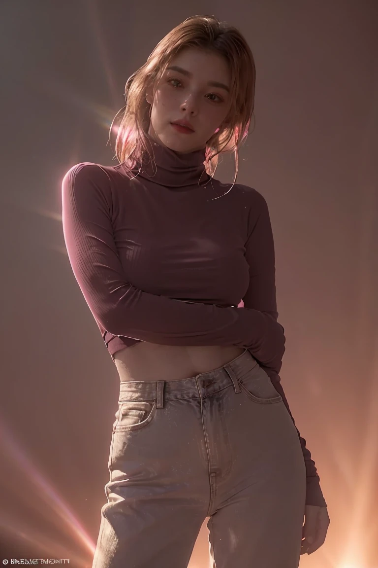 enigmatic atmosphere, atmospheric, ethereal quality,realistic,beautiful and aesthetic,, solo,groin,Pink turtleneck, brown pants,(nsfw:0.85),, Democracy,, power station,, (Glowing ambiance, enchanting radiance, luminous lighting, ethereal atmosphere, mesmerizing glow, evocative hues, captivating coloration, dramatic lighting, enchanting aura), 1girl