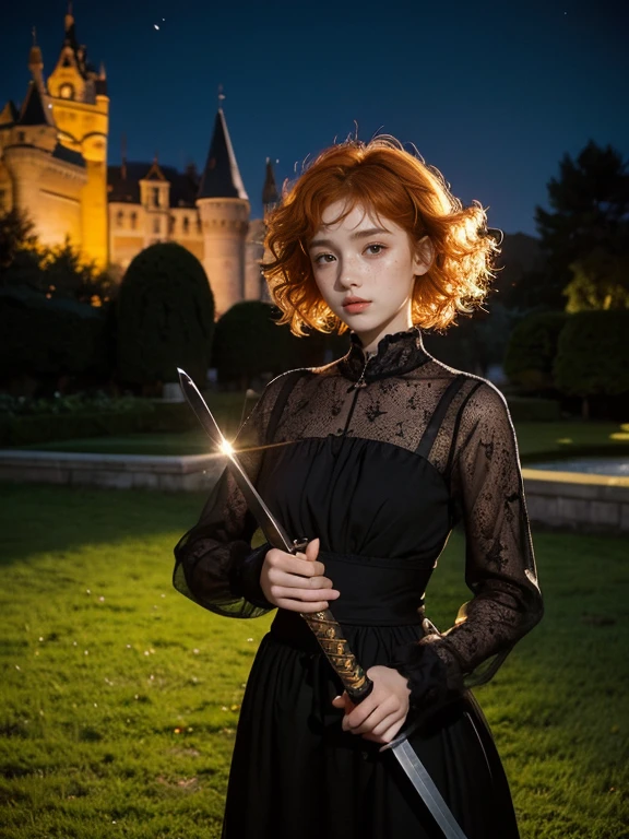  girl, Lovely, orange hair, very short, Very curly, slim, flat bust, with freckles on the face, with slavic features, with long sleeve black dress, whole body, shows her legs, in the castle garden, at night, holding a sword in his hand