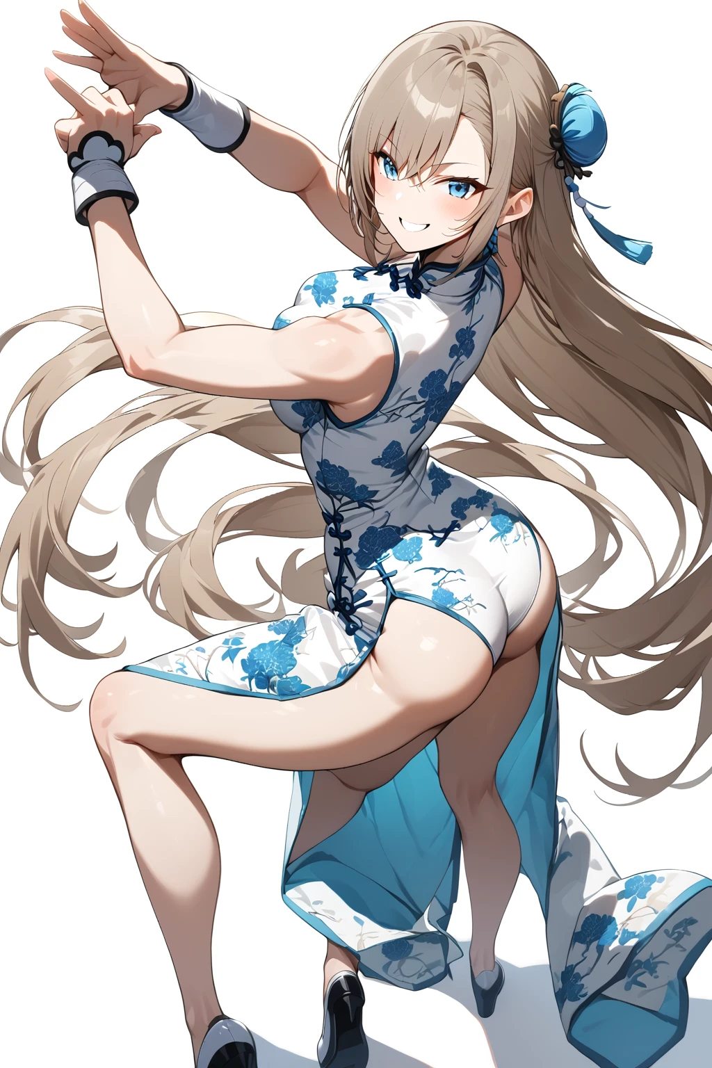 cheongsam,masterpiece，Highest quality，1girl，asuna，solo，blue eyes，Long hair，Halation，Fighting Stance，Smile，ass pov，whole body，shoe，Very long hair，Chinese Kung Fu pose，Tai Chi，White background，