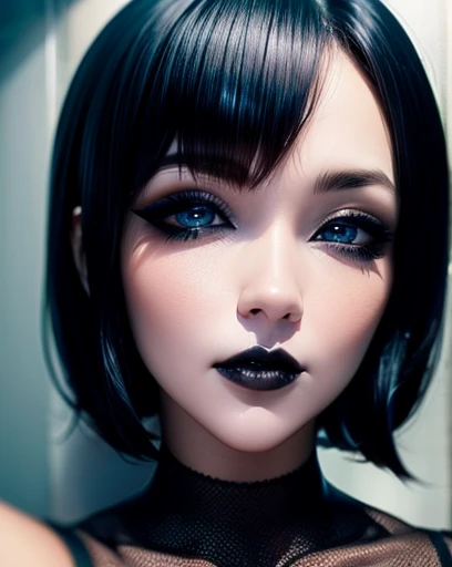 only face, selfie, wallpaper, full HD,  beautiful and detailed face with black lips and voluminous sensual smile, blue eyes white skin black eyeliner gothic makeup short bob hair with bangs 