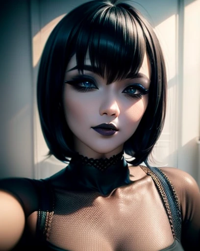 Solo face beautiful, blue eyes detailed , gothic makeup, dark lips voluminous , short hair with bangs  style bob, image 1.2 display high resolution 12k great supernatural beauty perfect detailed photography cgi , perfect lighting, wallpaper fanart Stunning girl 