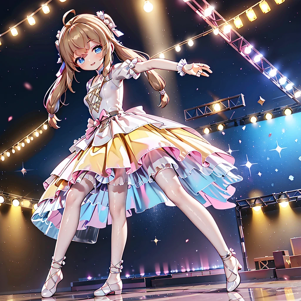 Solo, 1 girl, comical, kawaii, Blue eyes, light brown hair, back high twintails, front braids, (princess dress),  white top, ((yellow dress 1.5))smile, Infront of viewer, from below, dance at the stage, neon and led lights, posing, sexy, high-resolution image, masterpiece, high quality, attractive eyes, full body 
