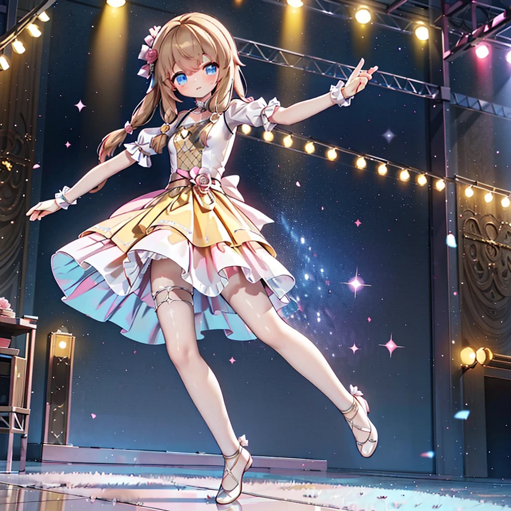 Solo, 1 girl, comical, kawaii, Blue eyes, light brown hair, back high twintails, front braids, (princess dress), white top, ((yellow dress 1.5))smile, Infront of viewer, from below, dance at the stage, neon and led lights, posing, sexy, high-resolution image, masterpiece, high quality, attractive eyes, full body
