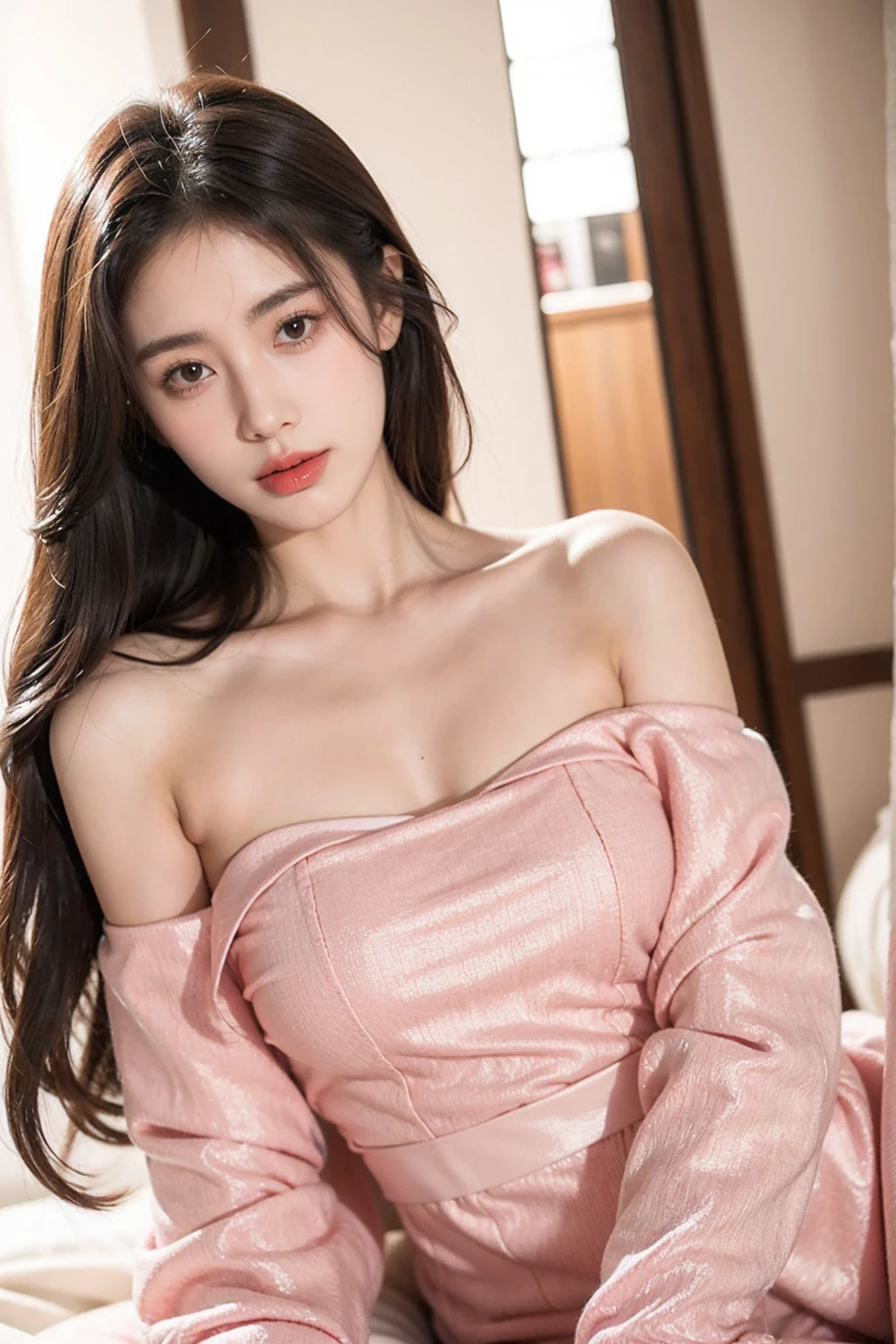 highest quality、8k quality、20-year-old woman covering her breasts with her hands、Belly Dance Costumes、Photoshoot on the bed、Beautiful thighs、Soft breasts、Looking up at the photographer、Shot from the top of the front、Well-groomed, mature face、Beautiful cleavage、Tall and small face、Up ponytail