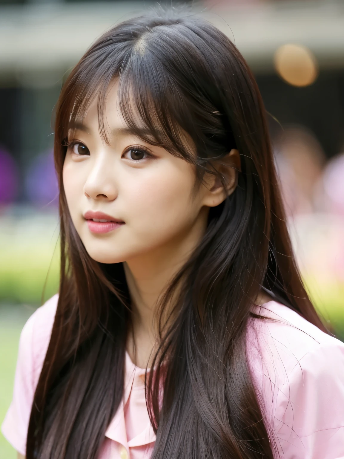 a close up of a person with long hair and a pink shirt, jaeyeon nam, portrait of jossi of blackpink, lee ji - eun, lee ji-eun, park ji-min, wan adorable korean face, popular south korean makeup, jinyoung shin, violet long hair, hwang se - on, jossi of blackpink, popular korean makeup, ulzzang
