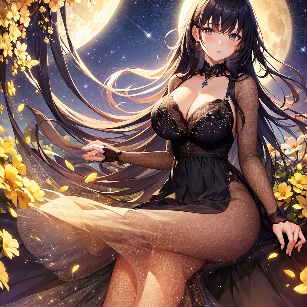 masterpiece, high quality, 4K, Beautiful design, silhouette，bionde， Highly Detailed Starry Sky at Night,Flower Field， wonderful, Finer details,  Very knowledgeable woman, Highly detailed solo, 1 female,Big Breasts，dress，Night view，Starry Sky，full moon，