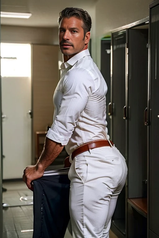 40-year-old boy ,american muscular male in white formal shirt......... black pinstripe trouser..... seductive expression....................  dripping on body and thong...................., arching back............... looking back to the camera. [[ big unrealistic butt,]] hairy legs.................. muscular thigh......................low angle camera........... in locker room........