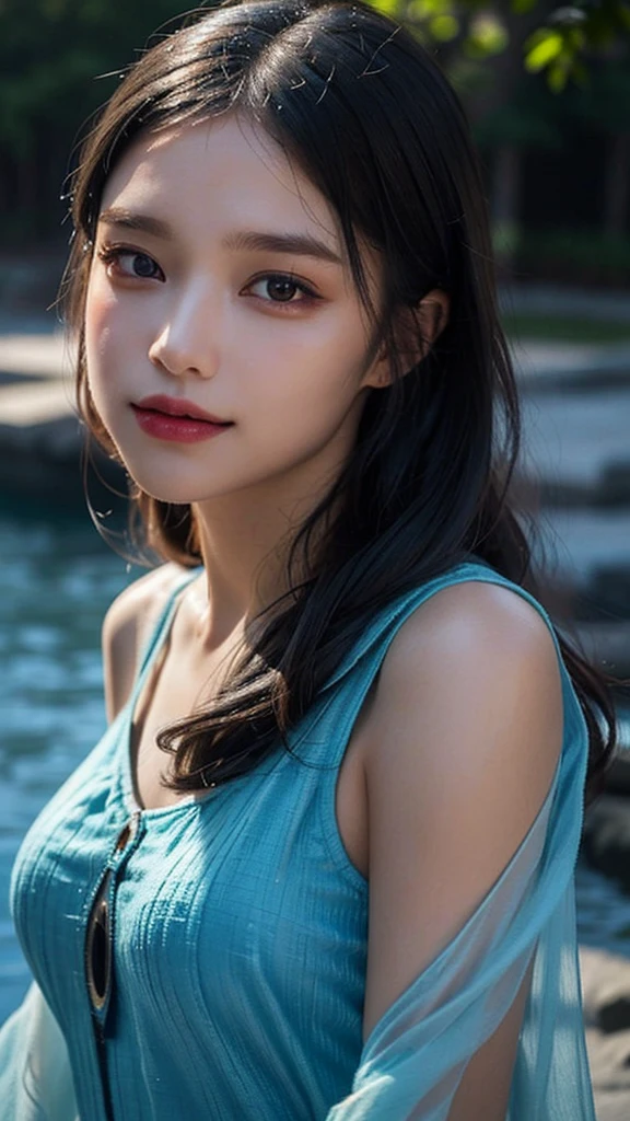 (in 8K、 Raw photography、top-quality,、hight resolution),、(hyper realisitic)、(realisitic),、Soft light、、girl with、Lifelike face、Realistic body、real looking skin、absurderes、masterpiece、Cuties、独奏、Innocent eyes、blusher、Cinema Lights、cherry colored lips、The hair 、a closeup、looking at viewert、 Open lips,、Upper teeth,、(Smiling eyes:0.6)、eyes focus、professionally lit、CG Social Trends、Plastic En、((Black Long Hair))、((Beautuful Women))、(A smile)、Fashionable、(A sexy)、Hair that flutters in the wind、((Flowing hair))、Happy -、fashion magazine、((lighting like a movie))、the woods、((blue-sky))、((playing in the water))、((wetting hair))、((Soaked))、Glitter、
