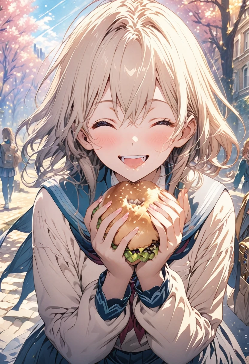 masterpiece, Highest quality, Highly detailed CG Unity 8K wallpapers, High School Girl Anime Illustration. Wearing a uniform、She is making the peace sign while eating her lunch、she has her eyes closed and mouth open, smile. The background is a light pastel colored landscape