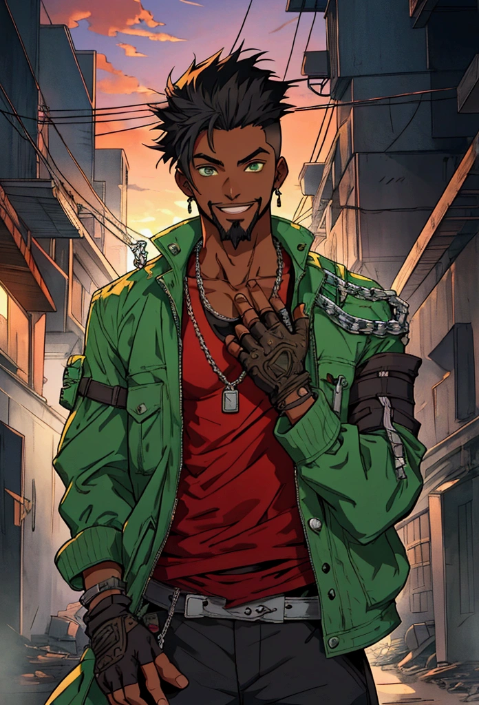 (front focus), Post Apocalypse background, Anime - style illustration of a young adult male with an oversize green tank top and chain around his waist, "(best quality,ultra-detailed),detailed right hand,(Fingerless Glove,Gloved hands), | | |, male anime character, City background, Sunset gradient background, Faded haircut, Black teenager, Young African-American man, smiling, goatee, afrp hair