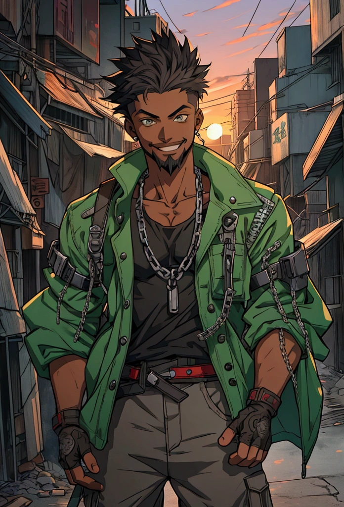 (front focus), Post Apocalypse background, Anime - style illustration of a young adult male with an oversize green tank top and chain around his waist, "(best quality,ultra-detailed),detailed right hand,(Fingerless Glove,Gloved hands), | | |, male anime character, City background, Sunset gradient background, Faded haircut, Black teenager, Young African-American man, smiling, goatee, afrp hair