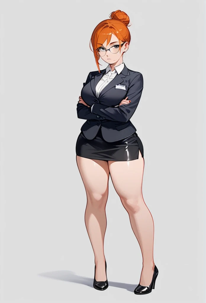 pale adult woman, large breasts, very thick thighs, wide hips, short ginger hair in a sleek hairbun, glasses, tight black blazer, tight black pencil skirt, mid-thigh black pencil skirt hem, thick thighs pressed together, very thick legs, thick calves, wearing black high heels, bored expression, strict teacher, facing forward, she is standing, legs and feet in the photo, crossing arms under her chest, straight face, raised eyebrow, full body shown, voluptuous, detailed face, 8k quality, toes pointed inward