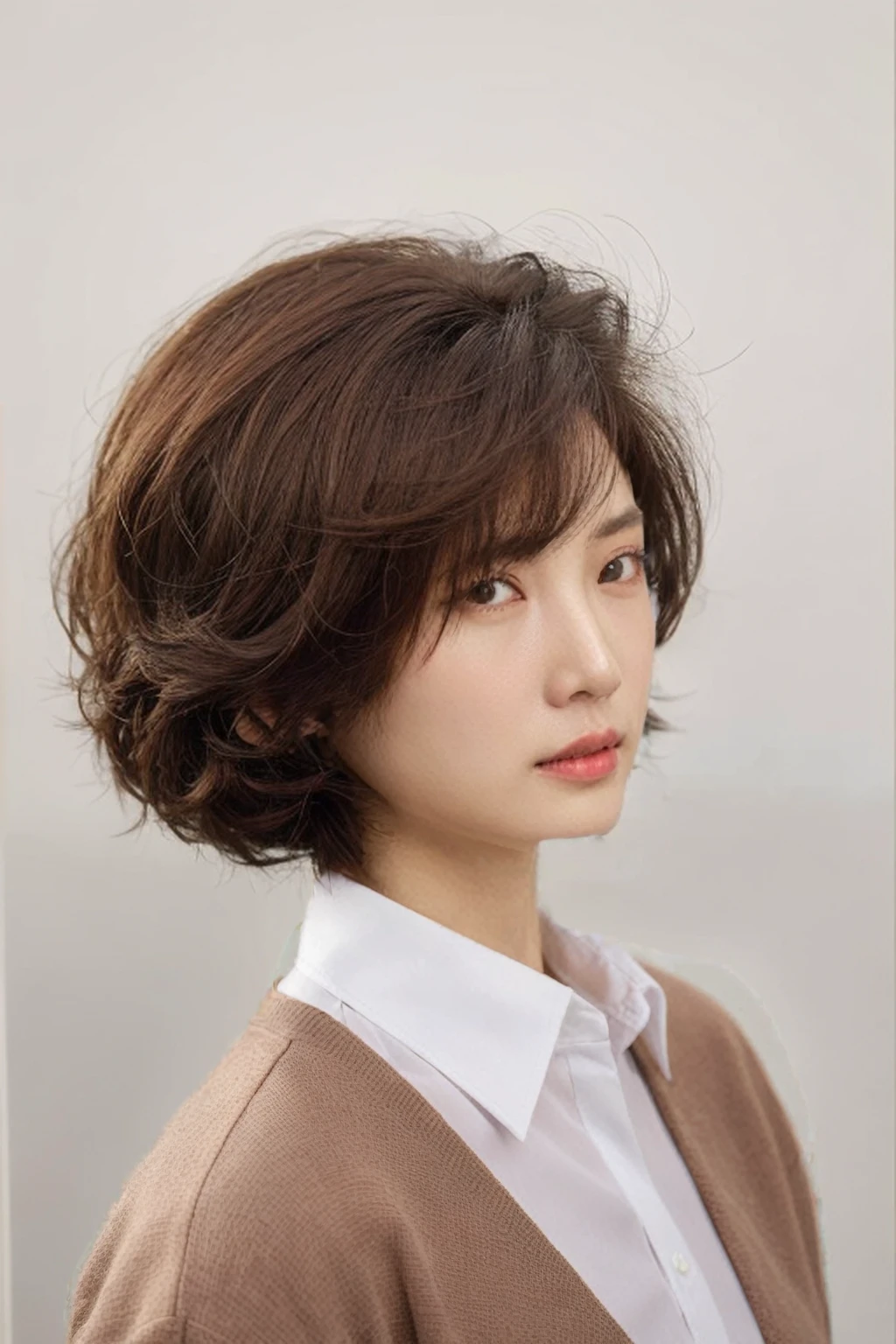 Best Quality, 8k, Masterpiece, (Portrait: 1.3), (photo realistic:1.4), (hyper realistic:1.4), Sharp Focus, looking at viewer, (smoother lighting:1.1), (increase cinematic lighting quality:0.9), realistic lighting, backlighting, light on face, ray trace, (brightening light:1.2), (Increase quality:1.4), sharp detail, (best quality real texture skin:1.4), finely detailed eyes, black_eyes, finely detailed face, 25 year old Korean woman, (white formal_shirt:1.4), (Create an image maintaining the original base model hairstyle:1.5)