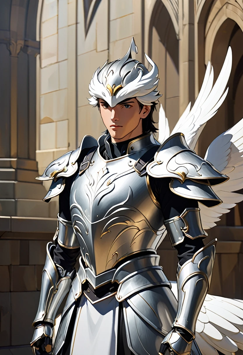 A young man in silver metallic armor, Cel animation style, Swan carvings are designed into the armor., I can see your real face, Armor in the shape of a swan's wing, Blond long hair man, Long Hair, Silver armor over blue clothes, Super beautiful image quality, Professional painter, Highest quality, 18-year-old, Saint Seiya, Saint Seiya,