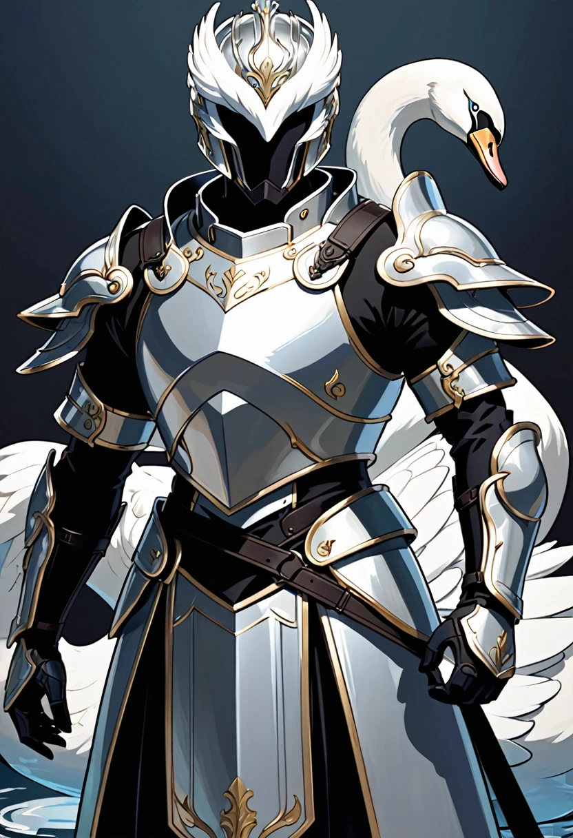 A young man in silver metallic armor, Cel animation style, Swan carvings are designed into the armor., I can see your real face, Armor in the shape of a swan&#39;s wing, Blond long hair man, Long Hair, Silver armor over blue clothes, Super beautiful image quality, Professional painter, Highest quality, 18-year-old, Saint Seiya, Saint Seiya,