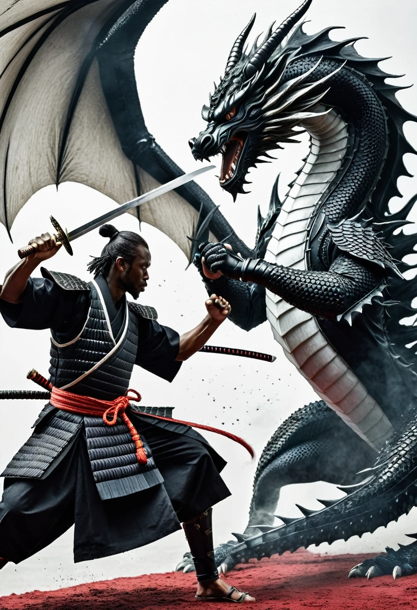 A black samurai fighting a white dragon