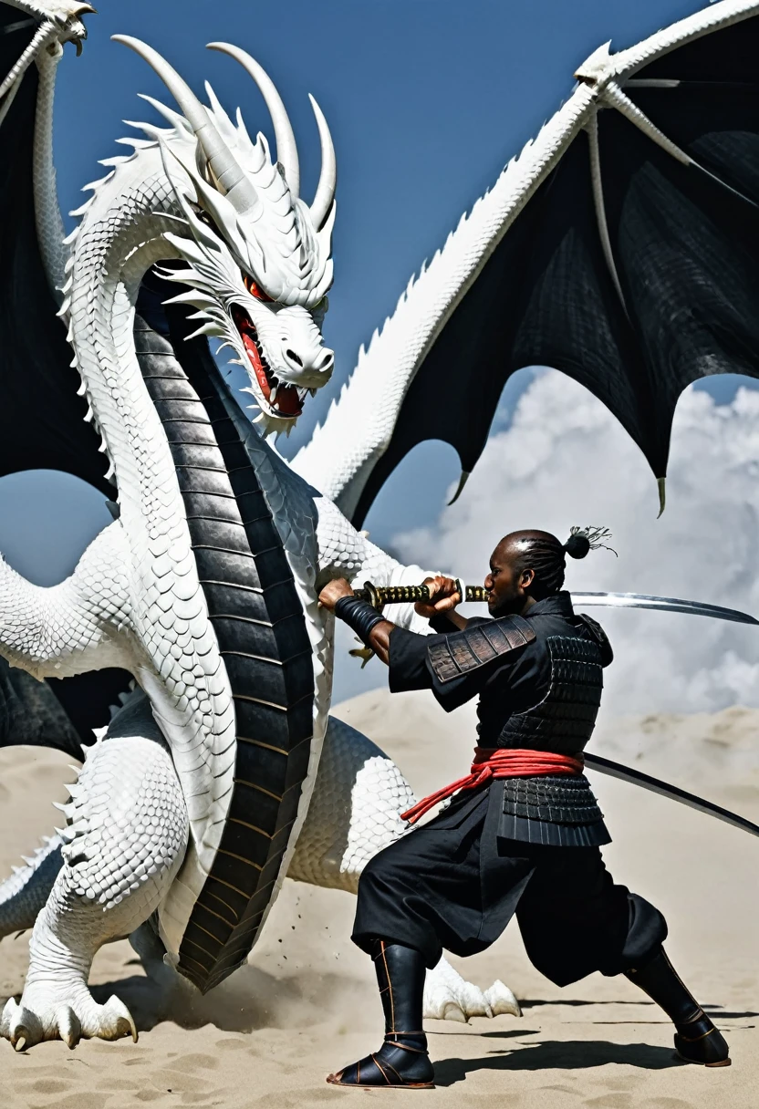 A black samurai fighting a white dragon