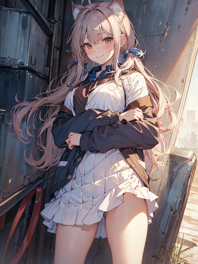 (NSFW), Masterpiece, Highest Quality, Official Art, (Highly Detailed CG Unity 8k Wallpaper), Detailed Background, (The Hands of Guido Daniele: 1.1),cowboy shot, 1, An Attractive and Perfect Beautiful Woman, Female Student, JK, Female Student Uniform, Wet Day, Lots of Rain, The Wind is Strong, (Curvaceous), (White Thighs: 1.12), (blue Long Hair: 1.12), (Ahoge: 1.13), (low twin tail hair: 1.12),cat ear, light smile ,panty shot, 