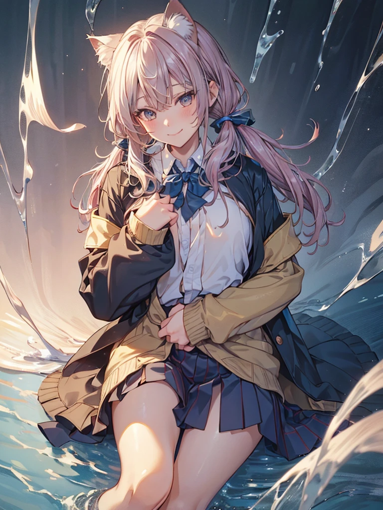 (NSFW), Masterpiece, Highest Quality, Official Art, (Highly Detailed CG Unity 8k Wallpaper), Detailed Background, (The Hands of Guido Daniele: 1.1),cowboy shot, 1, An Attractive and Perfect Beautiful Woman, Female Student, JK, Female Student Uniform, Wet Day, Lots of Rain, The Wind is Strong, (Curvaceous), (White Thighs: 1.12), (blue Long Hair: 1.12), (Ahoge: 1.13), (low twin tail hair: 1.12),cat ear, light smile ,panty shot,