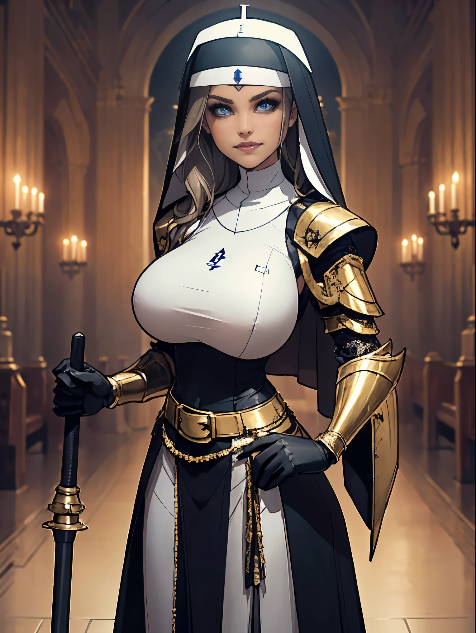 (masterpiece, top quality, best quality, official art, beautiful and aesthetic:1.2), (1girl:1.3), ((Sharp facial features, sharp features, hawkish features)), ((grey eyes)), busty paladin knight girl, extremely detailed, portrait, looking at viewer, solo, (full body:0.6), detailed background, full-body shot, (cold mountain nighttime glacier theme:1.1), holy knight, (nun), charlatan, smirk, mysterious, swaying in mountains, armor, polished metal, gold trim, long boots, white fabric, pelvic curtain, robe, pale leather, ((((nun, crossbow, heavy armor, armored, long legs, robes, prayer scrolls, toned, muscular)))), slim waist, slim hips, long legs, medieval (mountain exterior:1.1) background, dark mysterious lighting, shadows, magical atmosphere, dutch angle