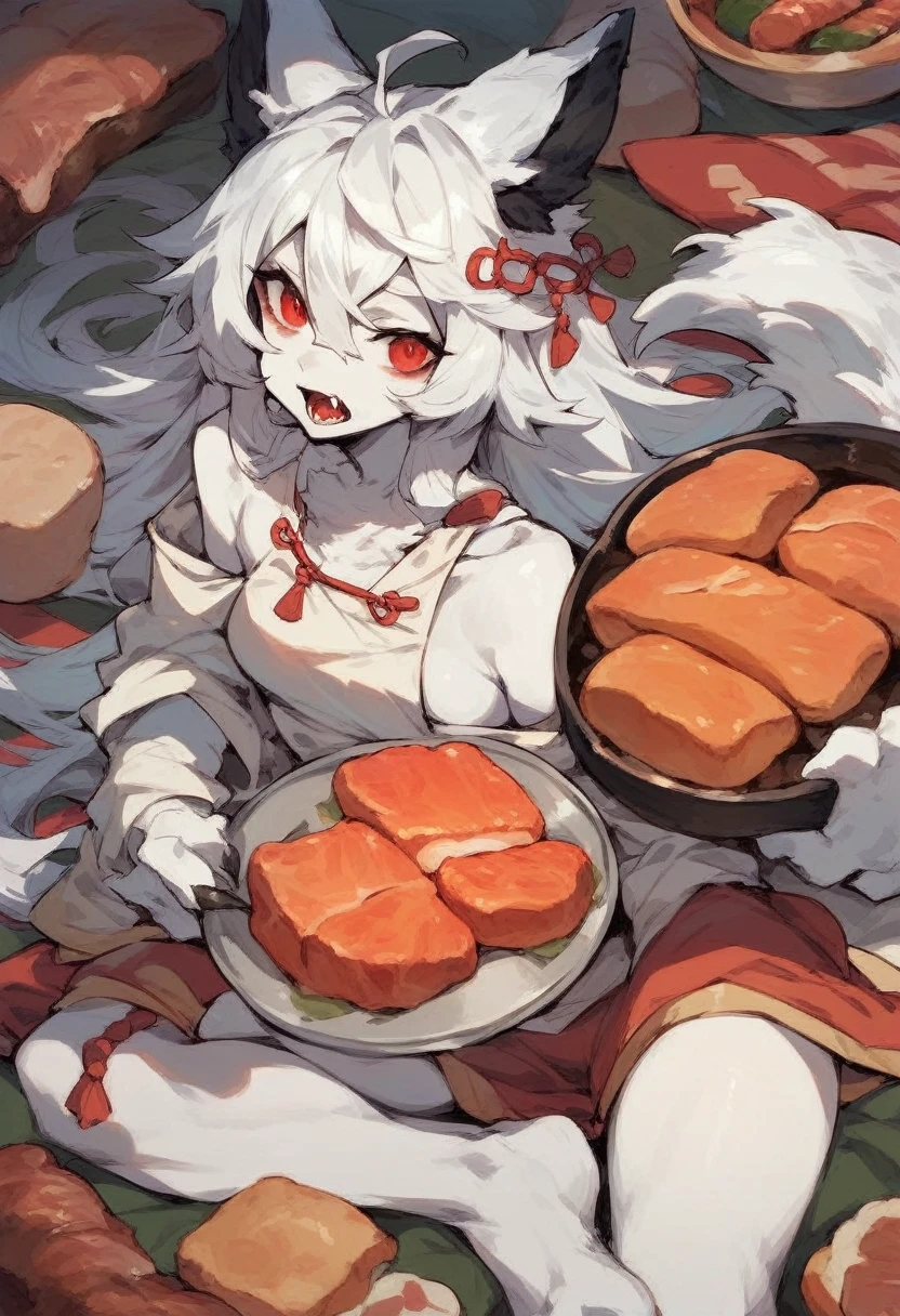 White haired furry wolf girl, Black ears, White skin, Red Eyes, Meat pad