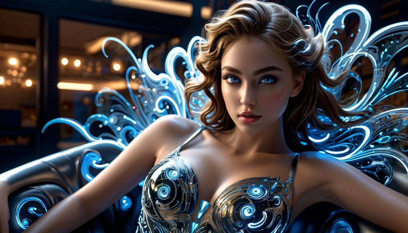 année 2100, La femme du futur alangui sur un sofa complexe, plan large, hyper technologie, AI futuriste, corps entier, souriante et radieuse, bustier étroit incrusté de fines dentelles techniques complexe fractal, bustier effet push-up, complexe, élégante et sensuelle, yeux sublime et intenses, yeux très détaillés, très détaillé, moderne, scifi, digital photography, (cheveux très long), verre brisé, (chef-d'oeuvre artistique, Éclairage latéral, HDR, Réaliste, HD), sublime grosse poitrine push-up,