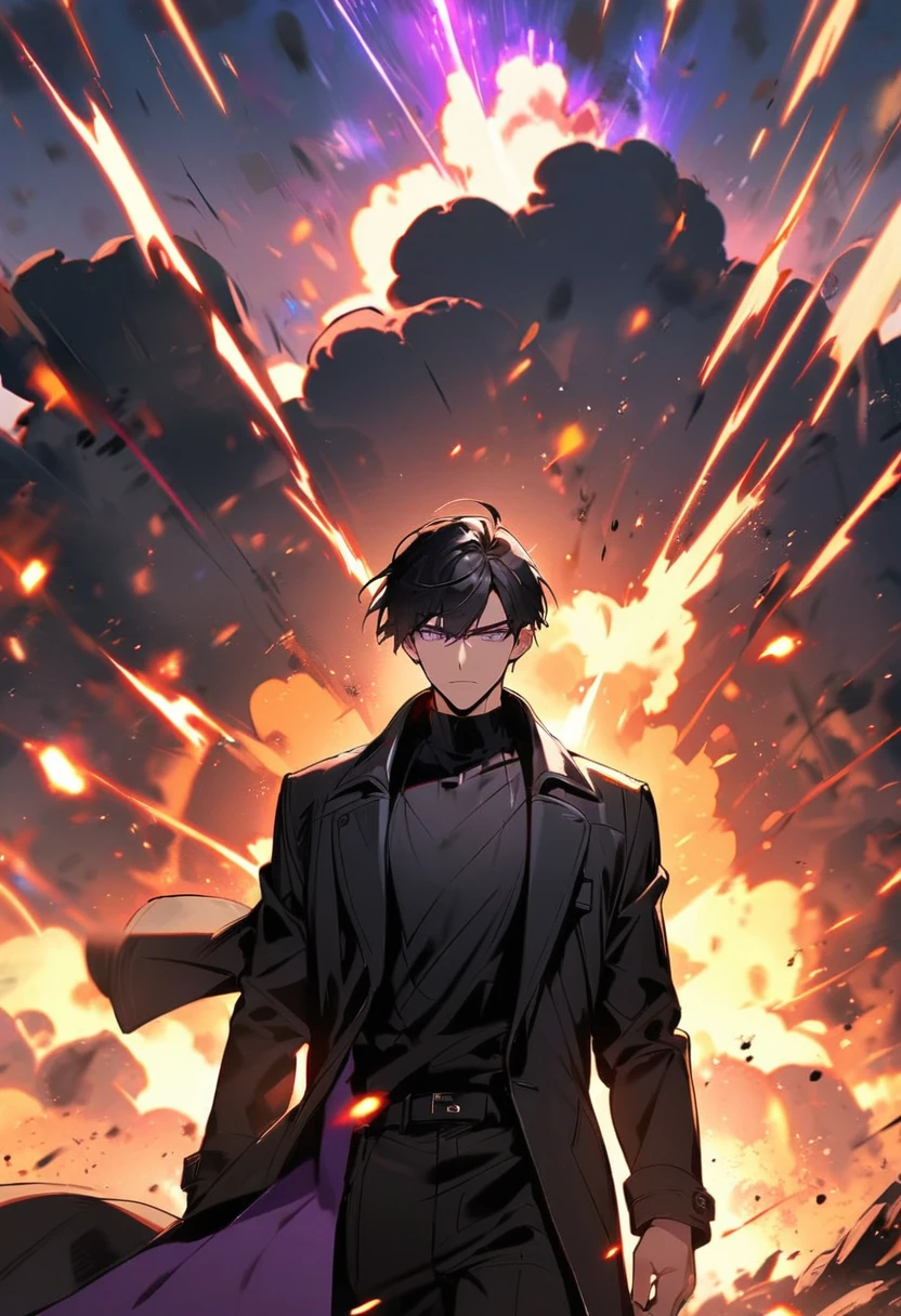 handsome, alone, 1 man, short hair, black hair, purple eyes, black shirt, black coat, Lots of power, explosions.