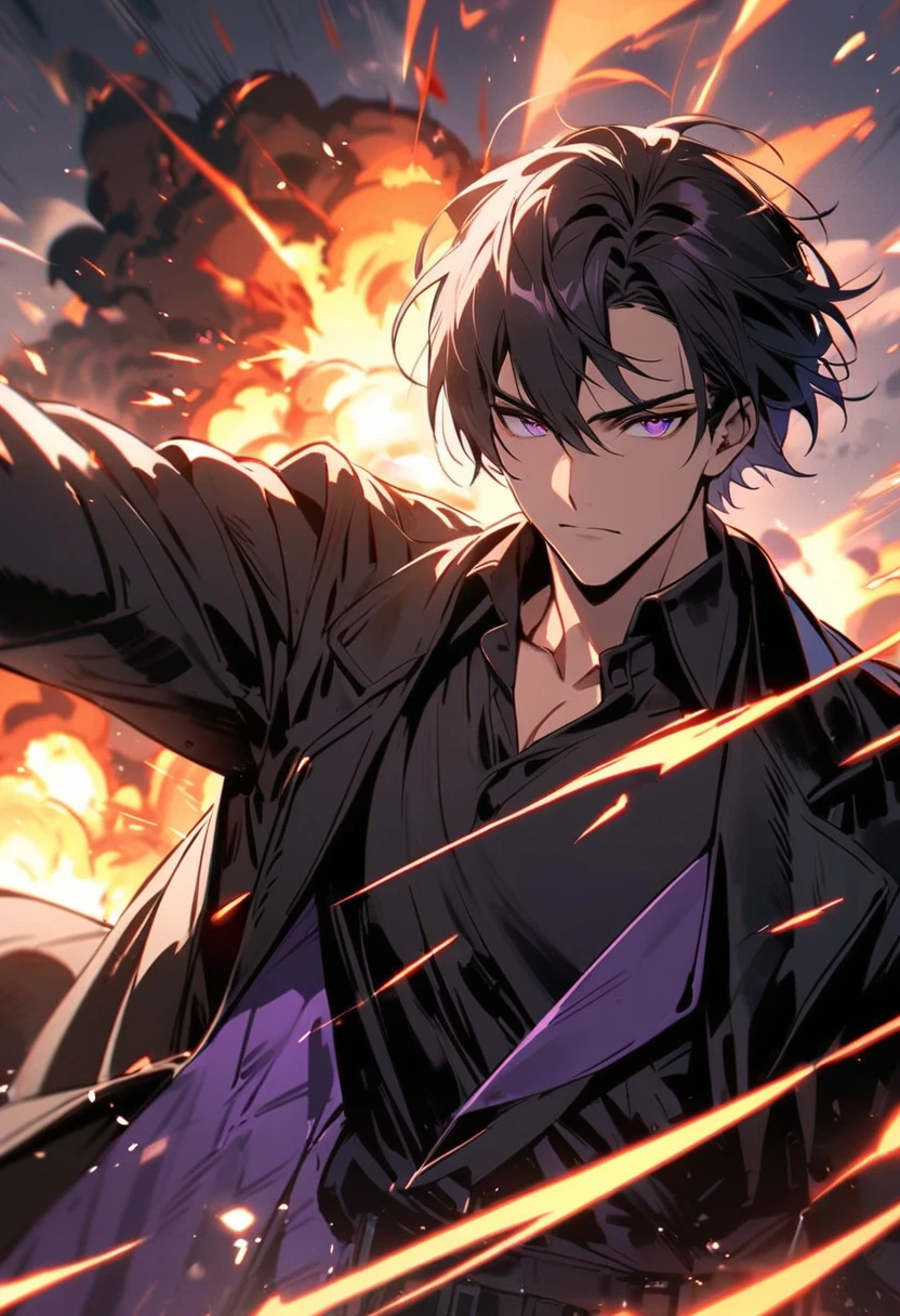 handsome, alone, 1 man, short hair, black hair, purple eyes, black shirt, black coat, Lots of power, lots of explosions, lots of scars.