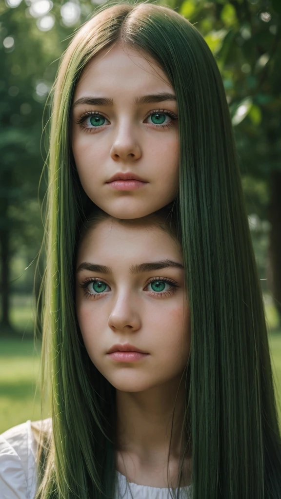 a girl. face sent feeling. Europe. Oval face. long face. delicate facial features. sad eyes. green eyes. long straight hair. thick hair. green hair. sad expression. shy. outdoor
