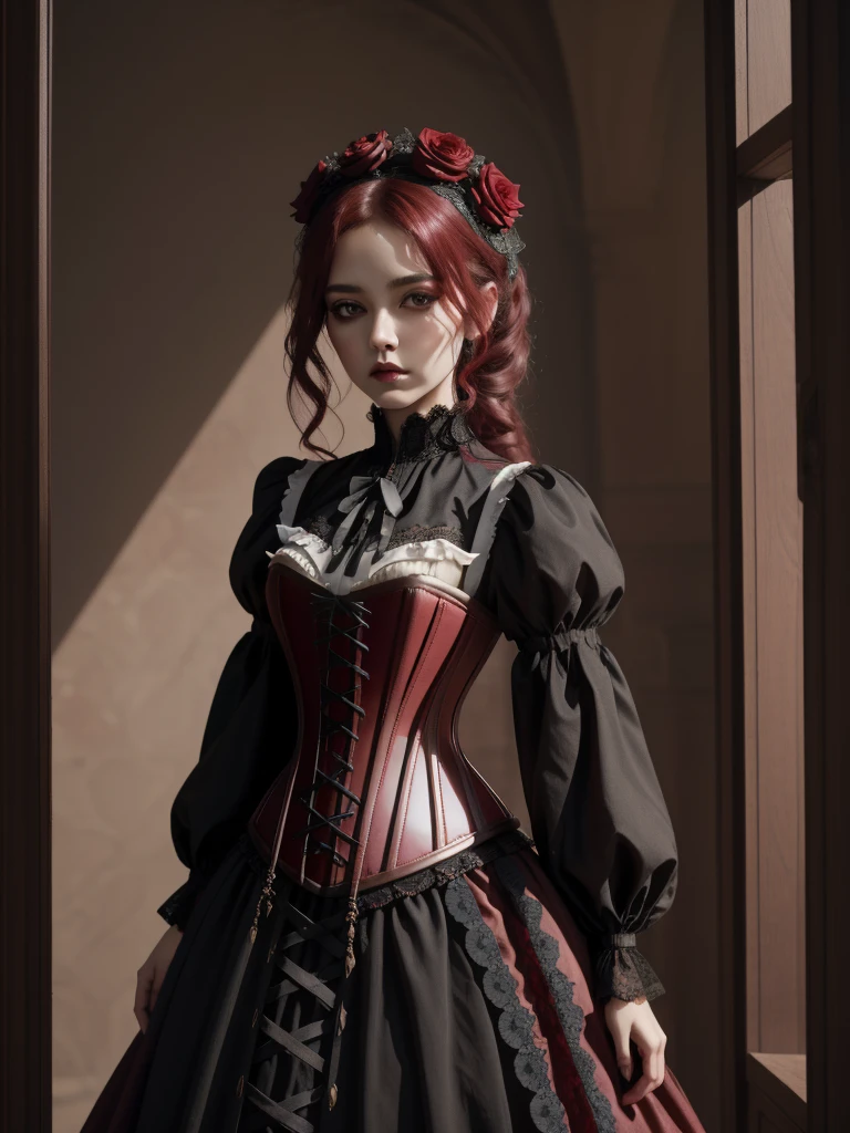 Gothic style 8k, masterpiece, highly detailed, 1girl, (red underbust corset), full body, long dress, roses, (lace blouse), rose hair ornament, Dark, mysterious, haunting, dramatic, ornate, detailed