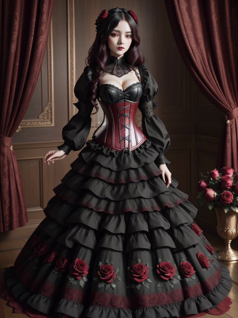 Gothic style 8k, masterpiece, highly detailed, 1girl, (red underbust corset), full body, long dress, roses, (lace blouse), rose hair ornament, Dark, mysterious, haunting, dramatic, ornate, detailed