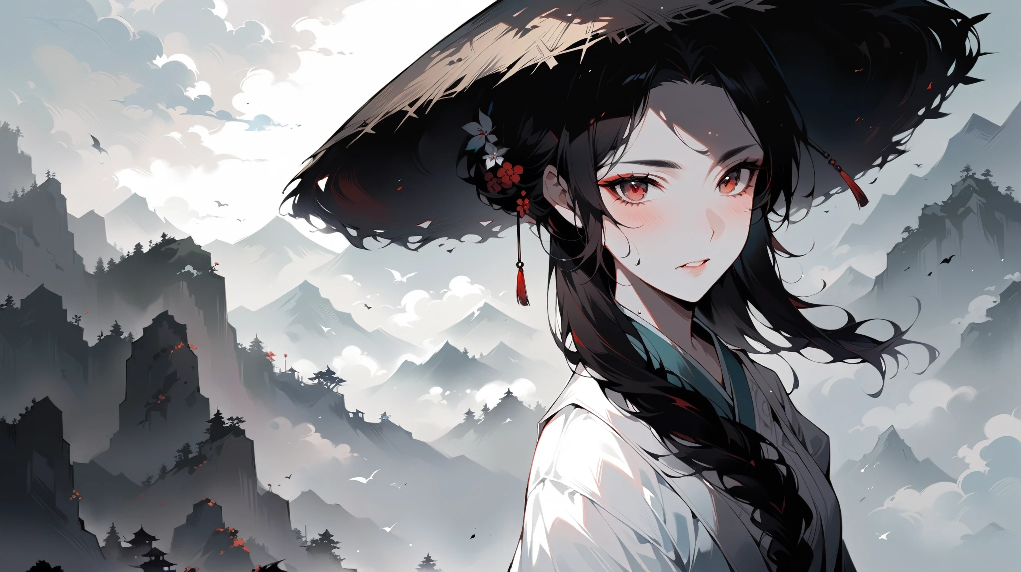 Anime Girl, Ink Painting, White skin, straw hat, White Chinese traditional clothing, Light blue collar, Red head rope, Sea of Clouds, Chaoyang, Wearing a hat，Stand in front of Mt, Beautiful character painting, Inspired by Chen Yifei, Inspired by trees, Beautiful avatar pictures, author：Yang J, Low saturation, Real shadows, Detailed beautiful face, swollen lips, Black eyebrows, Eyeshadow, blush