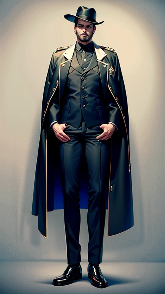 The person is also generated vertically.
Create a highly detailed image of a tall, confident male character with a distinct style.one man. The character should have a white hat with black spots, black hair, and facial hair. He is dressed in a long black coat with a high collar and yellow emblem designs. His pants should be blue with black patterns, and he is wearing black shoes. His stance should be assertive, with hands clenched into fists by his sides. Background is a little horror.