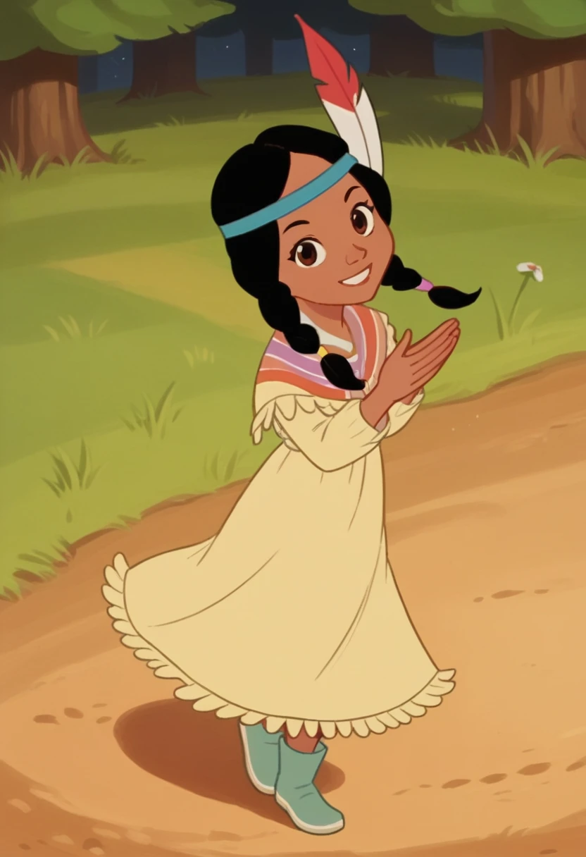 score_7_up, BREAK, TigerLily, 1girl, solo, black hair, twin braids, brown eyes, dark skin, blue headband,  feather hair ornament, fringed dress, portrait, outdoors, standing, smiling, full body, shoes, looking on viewer, front view, trees, grass, back view, from above, hands up
