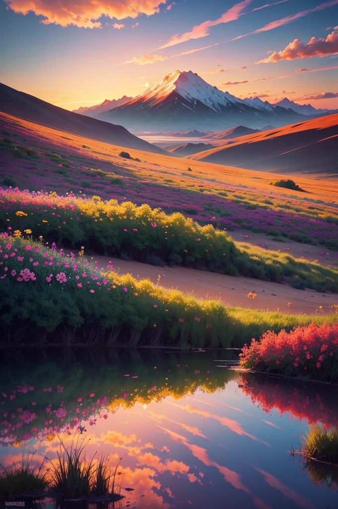 Enjoy a beautiful sunset, The hills are covered with flowers and plants., Flowers are nearby, Colorful Sky, Surreal colors, Colorful sunset, Colorful Sky, Beautiful skyの反射, Beautiful sky, Fantastic atmosphere 8K, Multicolored clouds, Colors reflected in the lake, Surreal Sky, Red and blue reflections, Fire Reflection, Beautiful sky, beautiful and spectacular sunset, Beautiful dream landscape, Beautiful sky