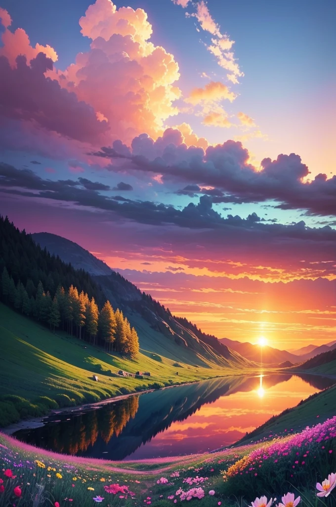 Enjoy a beautiful sunset, The hills are covered with flowers and plants., Flowers are nearby, Colorful Sky, Surreal colors, Colorful sunset, Colorful Sky, Beautiful skyの反射, Beautiful sky, Fantastic atmosphere 8K, Multicolored clouds, Colors reflected in the lake, Surreal Sky, Red and blue reflections, Fire Reflection, Beautiful sky, beautiful and spectacular sunset, Beautiful dream landscape, Beautiful sky